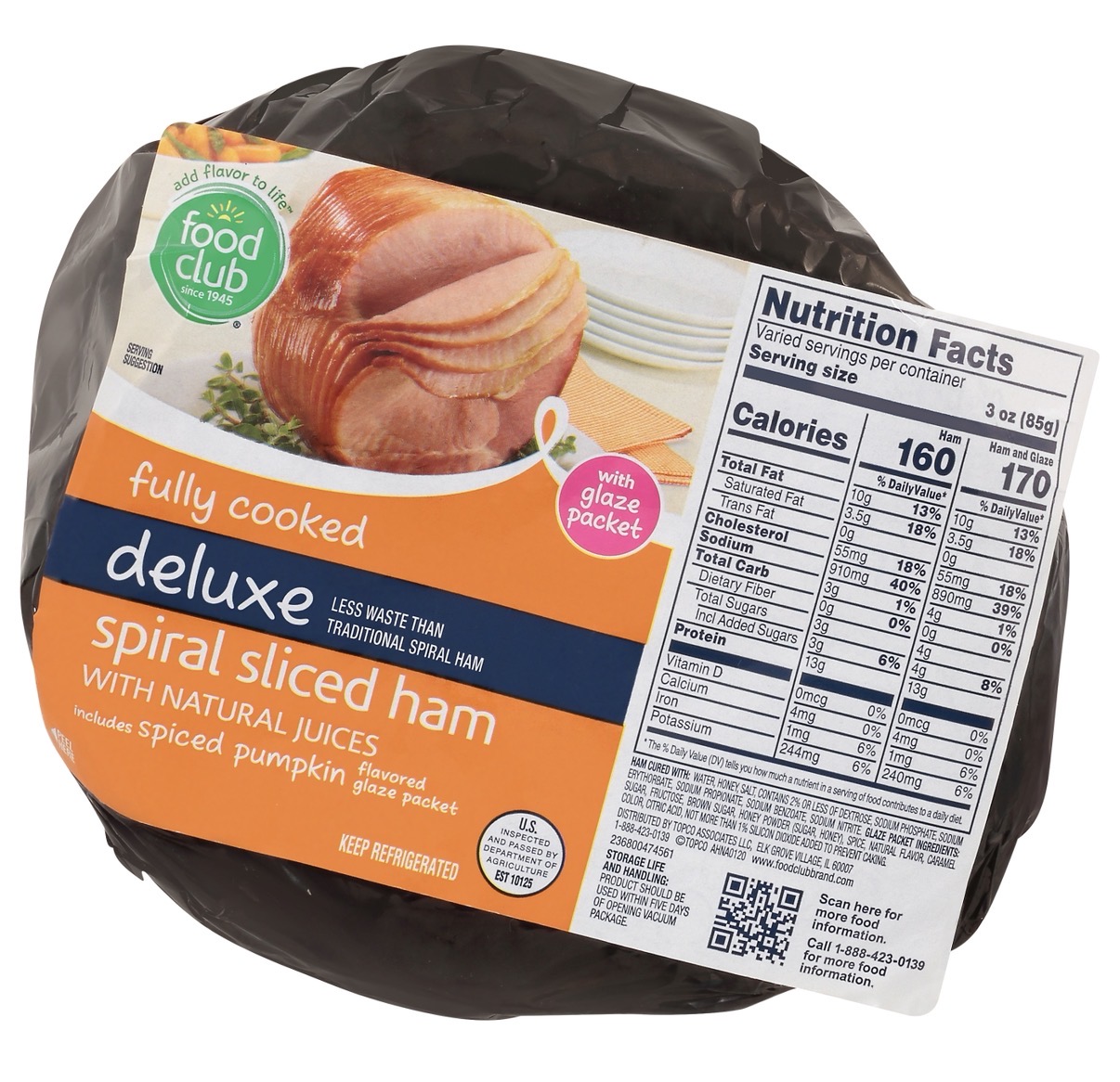 Food Club Spiral Ham approx 10 lbs