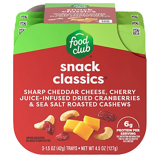Food Club Snack Classic Sharp Cheddar, Cherry Juice-Infused Dried Cranberries & Sea Salt Roasted Cashews 3-1.5 oz