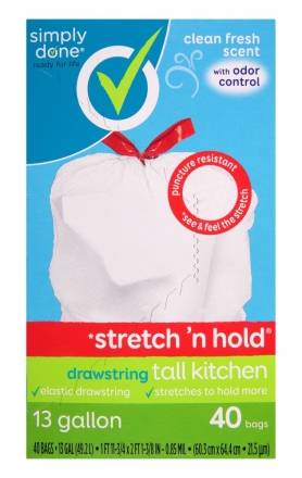 Simply Done Stretch 'n Hold Drawstring Tall Kitchen Bags with Clean Fresh Scent 40 ct