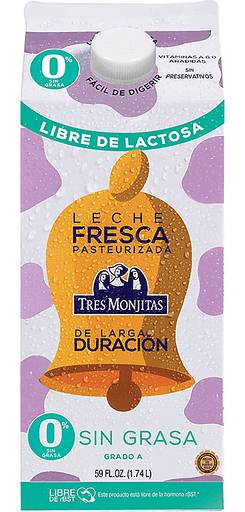 Tres Monjitas Leche de Larga Duración Libre de Lactosa Sin Grasa (0%) 59 oz