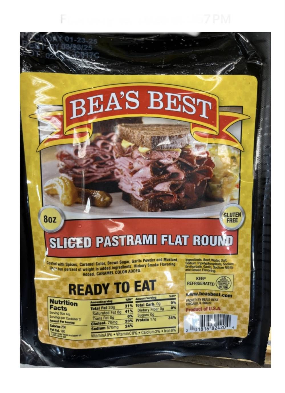 Bea’s Best Sliced Pastrami Flat Round 8 oz