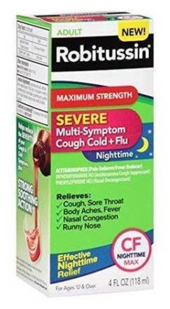 Robitussin Adult Severe Multi-Symptom Cough Cold+Flu CF Nighttime Max 4 oz