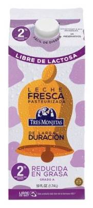 Tres Monjitas Leche de Larga Duración Libre de Lactosa Reducida en Grasa (2%) 59 oz