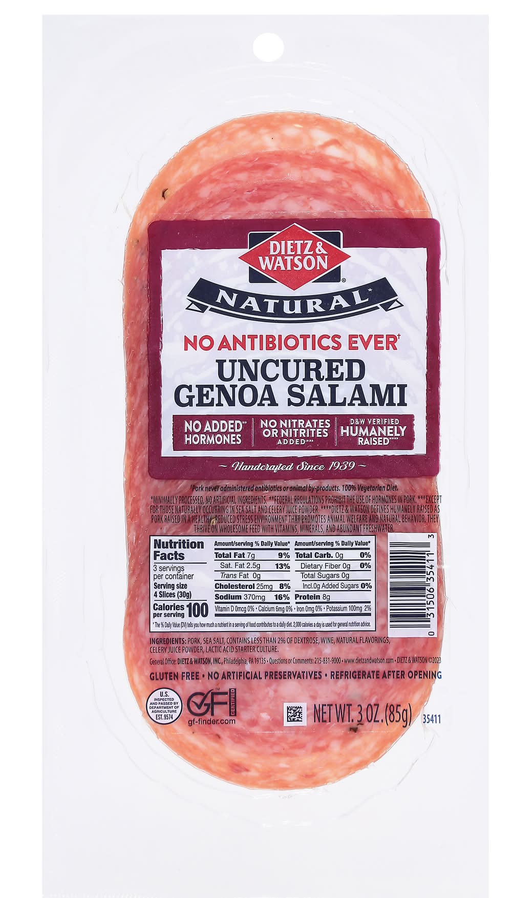 Dietz & Watson Originals Antibiotic Free Sliced Genoa Salami 3 oz