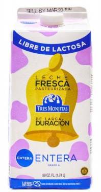 Tres Monjitas Leche de Larga Duración Libre de Lactosa Entera 59 oz