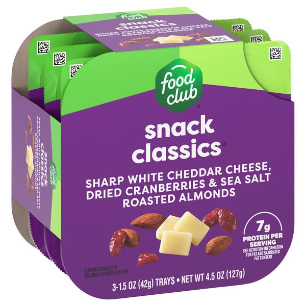 Food Club Snack Classic Sharp White Cheddar, Dried Cranberries & Sea Salt Roasted Almonds 3-1.5 oz