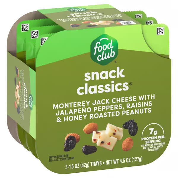 Food Club Snack Classic Monterey Jack Cheese, Raisin & Honey Roasted Peanuts 3-1.5 oz