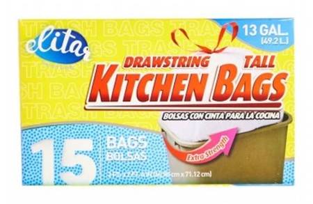 Elitar 13 Gallon Drawstring Tall Kitchen Garbage Bags 15 ct