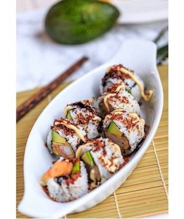 Shrimp Tempura Roll with Spicy Crab on Top