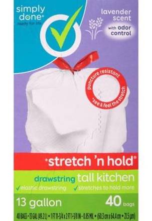 Simply Done Stretch 'n Hold Drawstring Tall Kitchen Bags with Lavender Scent 40 ct