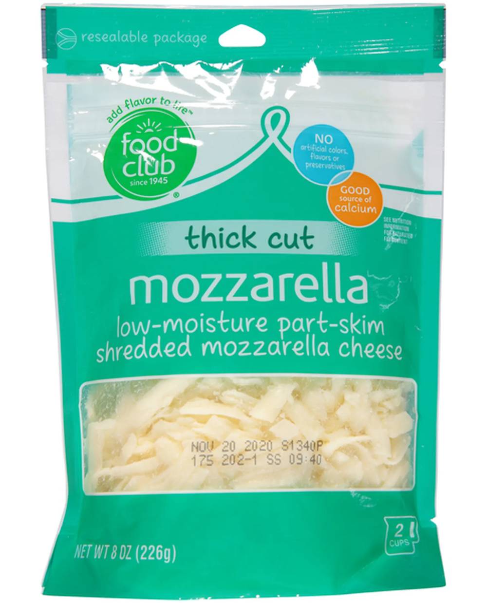 Food Club Shredded Thick Cut Mozzarella Cheese 8 oz