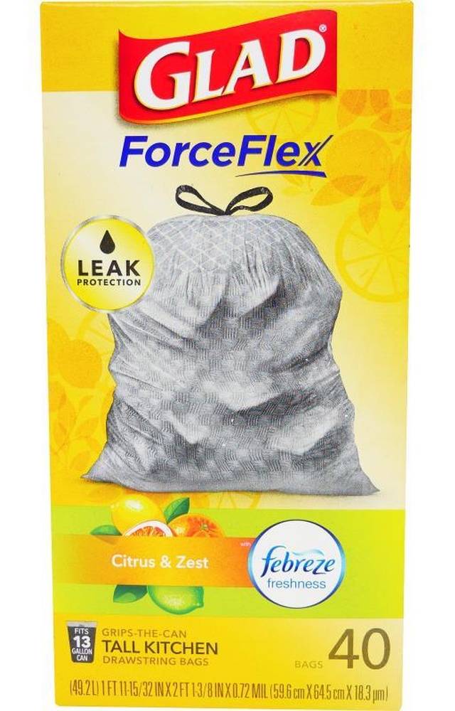 Glad ForceFlex Tall Kitchen Drawstring Bags with Febreze Citrus & Zest 40 ct