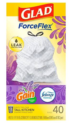Glad ForceFlex Tall Kitchen Drawstring Bags with Febreze and Gain Lavender Scent 40 ct