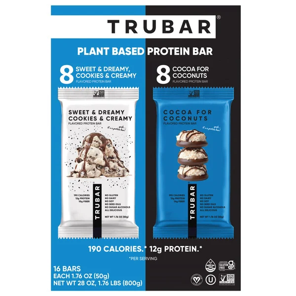 Trubar Plant Protein Bars Cookies & Cream & Chocolate Coconut 16-1.76 oz wMEHp