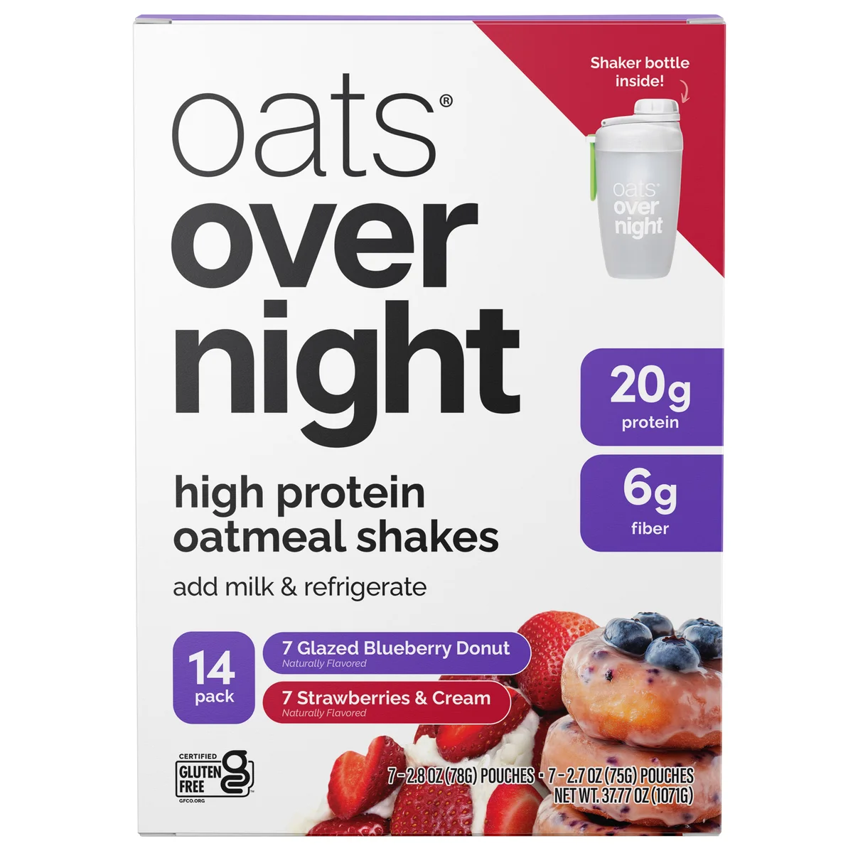 Oats Overnight High Protein Oatmeal Blueberry Donut & Strawberries & Cream 14 ct + Shaker Bottle