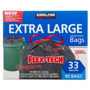 Kirkland Signature Flex-Tech 33 Gallon Drawstring Trash Bag 90 ct